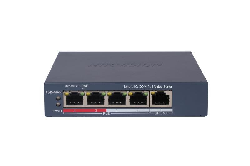 سويتش شبكة ذكي بـ 4 منافذ Fast Ethernet يدعم تقنية PoE (تغذية الطاقة عبر كابل الشبكة).DS-3E1105P-EI/M V2 4 Port Fast Ethernet Smart POE Switch