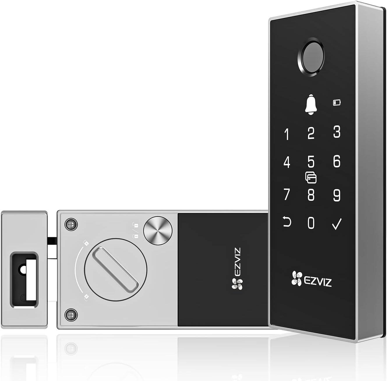 قفل ذكي من EZVIZ موديل DL03 Pro، يعمل بنظام القفل الجانبي (Rim Lock)، يدعم البلوتوث والواي فاي، ويدعم عدة طرق فتح بدون مفتاح.
